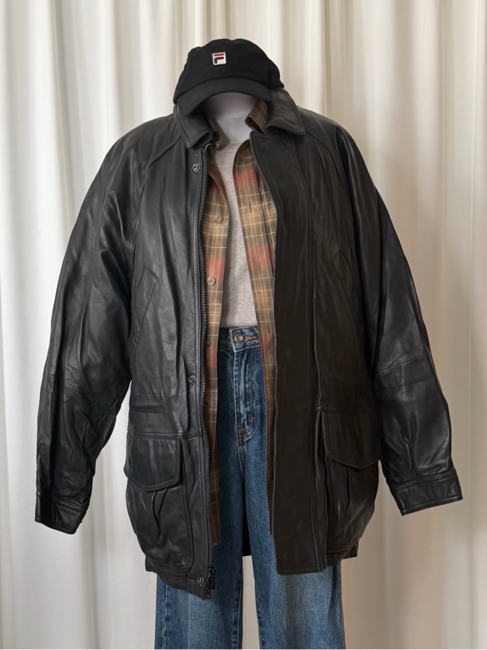 VTG 80s/90s  MARC NEW YORK Oversized Black Leather Parka Jacket Utility Gorpcore